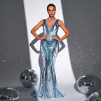 Strap Elegant V neck Long Sequined Cocktail Fishtail Evening Dress Bridesmaid Dress
