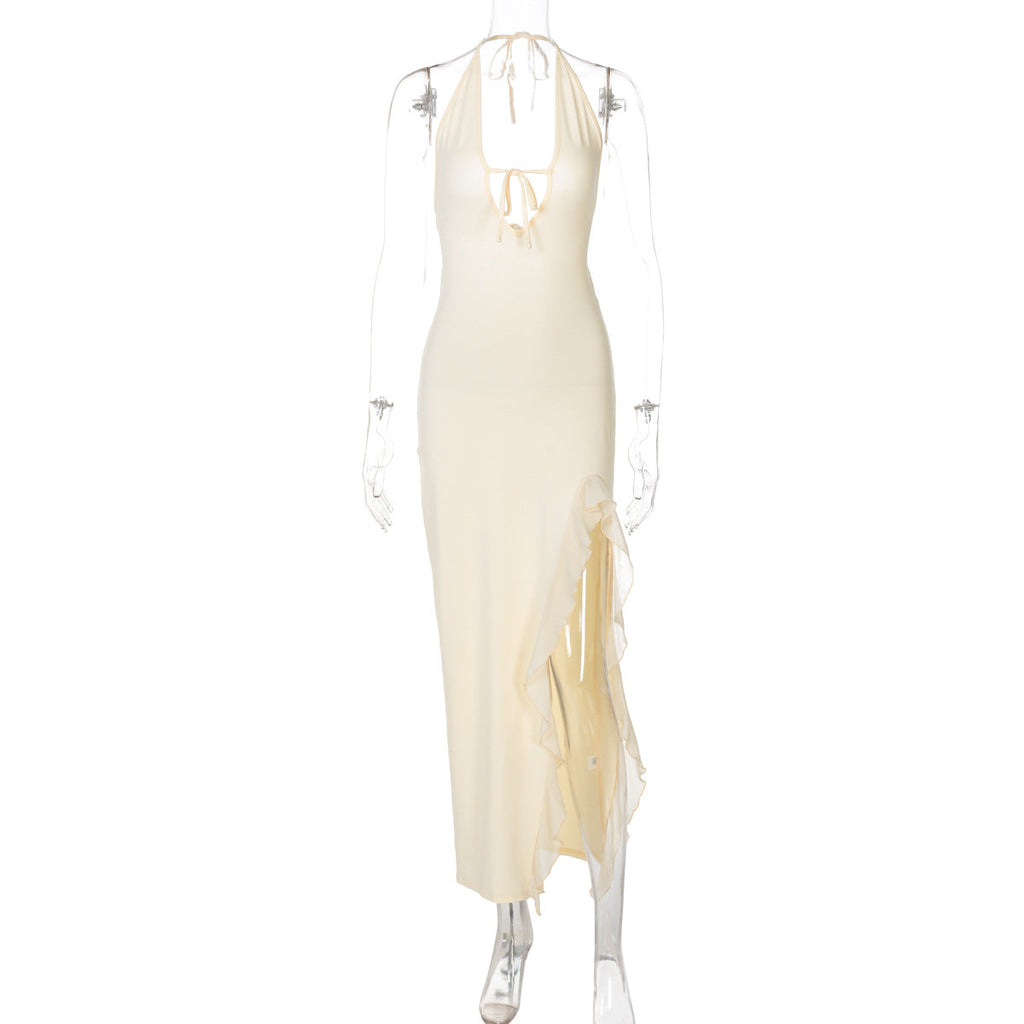 Ruffled V neck Lace up Backless Dress
