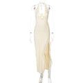 Ruffled V neck Lace up Backless Dress