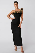 Omi One Shoulder Flowers Bandage Midi Dress