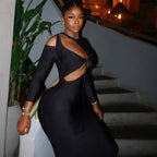 Solid Color Tied Irregular Asymmetric Pencil Skirt Long Sleeve round Neck Slim Fit Dress