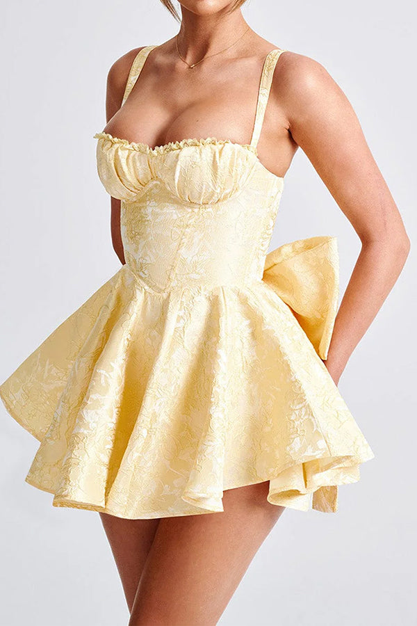 Jacquard Fabric Halter Back Elegant Bow Slim Fit Mini Dress