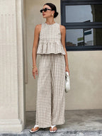 Casual round Neck Sleeveless Ruffles Top with Swing High Waist Straight Leg Pants