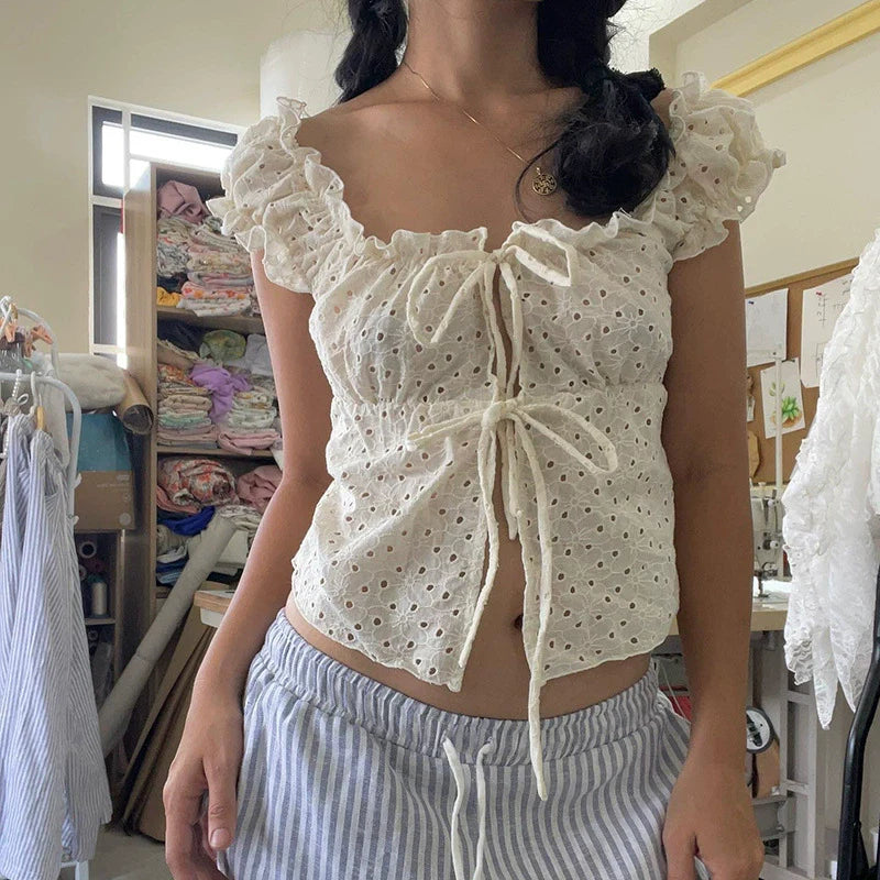 Mora Eyelet Tie-Front Blouse
