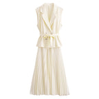 Double-Breasted Belted Vest And Dress Set