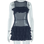 Solid Color Frillies Swing Hip Round Neck Sleeveless Dress