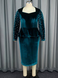 Elegant Long Sleeve Beaded Dress Flannel High Waist Dress
