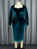 Elegant Long Sleeve Beaded Dress Flannel High Waist Dress