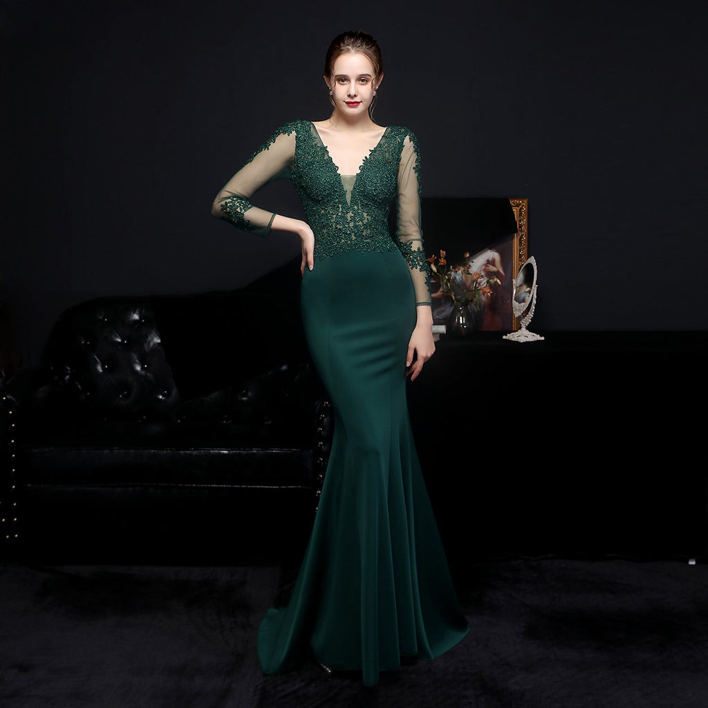 Full Craft Lace Diamond Toast Dress Bride Long Long Sleeve Appreciation Dinner Fishtail Evening Dress Formal Gown