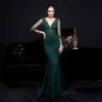 Full Craft Lace Diamond Toast Dress Bride Long Long Sleeve Appreciation Dinner Fishtail Evening Dress Formal Gown