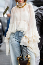 Flowy See-through Ruffle Tie-up Neck Bell Sleeve High-low Hem Cape Shirt