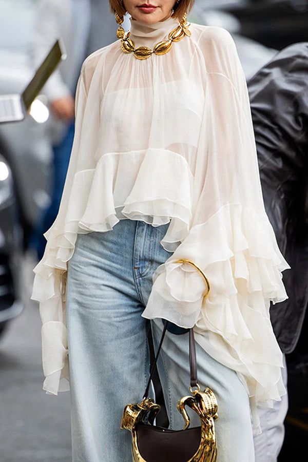 Flowy See-through Ruffle Tie-up Neck Bell Sleeve High-low Hem Cape Shirt