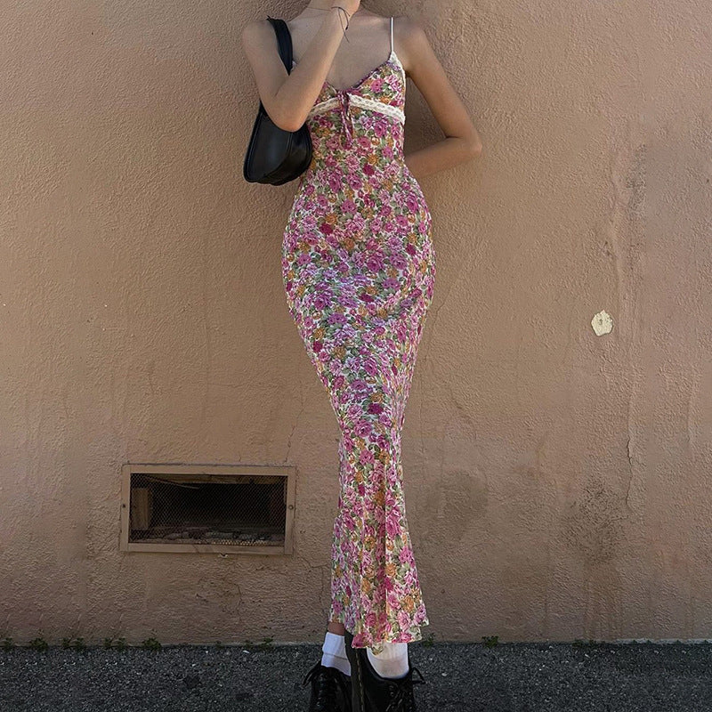 Floral Suspender Lace Long Dress