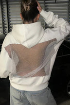 Fashionable Shiny Mesh Hollow Back Loose Long-sleeved Hooded Sweatshirt