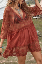 Lace V Neck Hollow Short Sleeved Cover Up