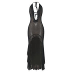 Solid Color Sleeveless Halter Irregular Asymmetric Lace Up Dress