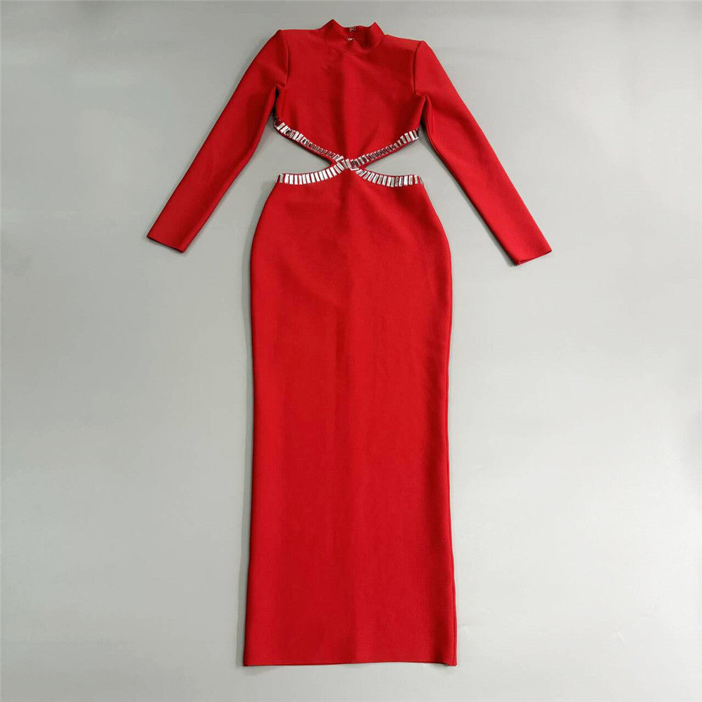 Autumn Sexy Hollow Out Cutout out Rhinestone Slim Fit Long Sleeve Bandage Dress Socialite Elegant Dress