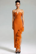 Yeli Feather Slant Hem Bandage Maxi Dress