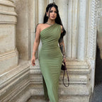 One Shoulder Short Sleeve Asymmetrical Midi Bodycon Dress HB75620