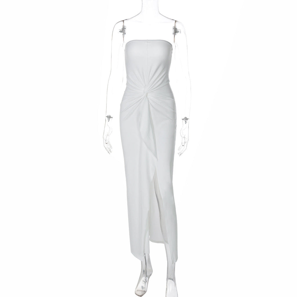 Tube Top Dress Solid Color Pleated Slim Fit Dress