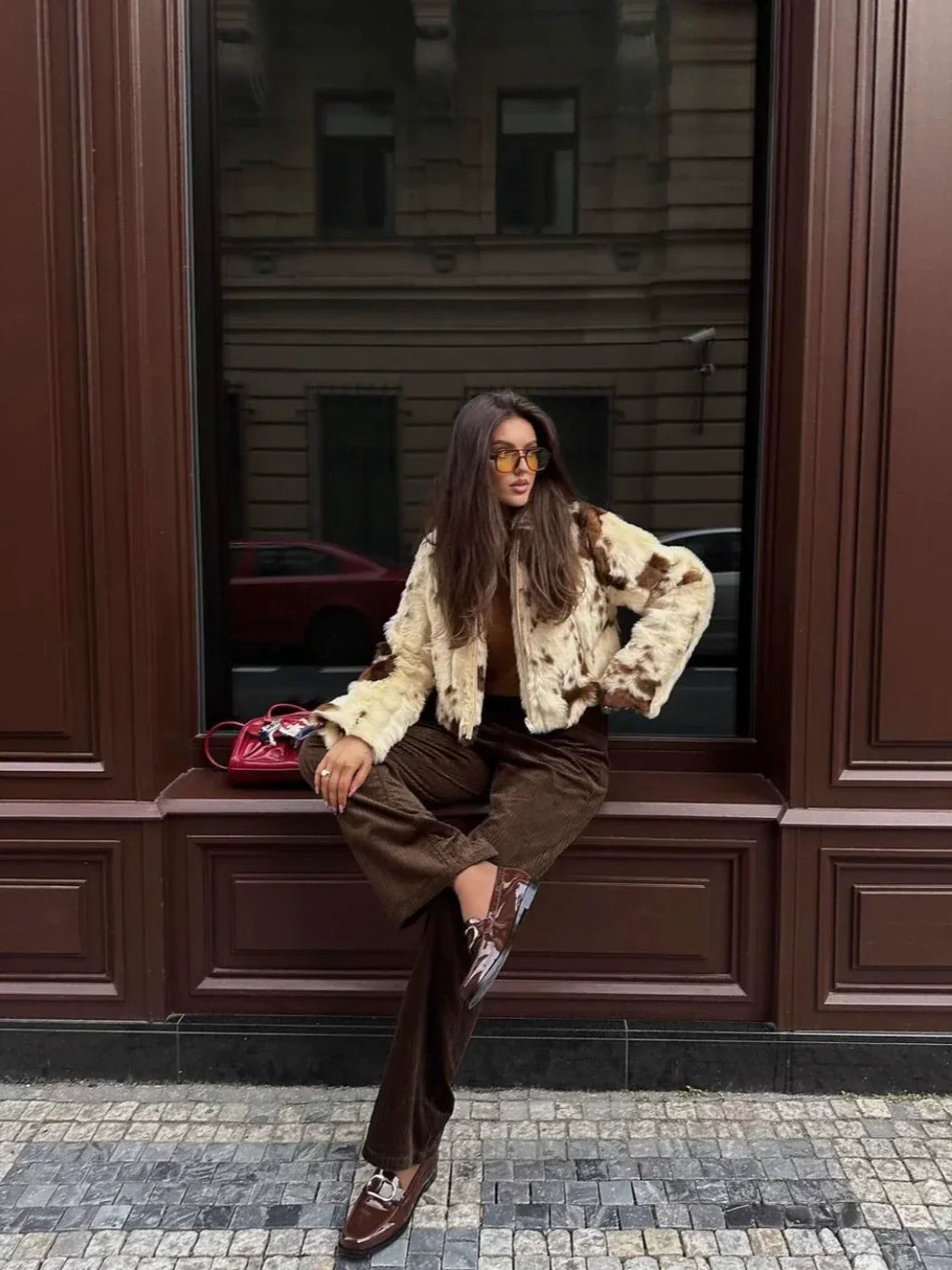 Aolani Cow Pattern Faux Fur Coat