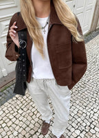 Cropped Brown Jacket – Zip Front Faux Suede Outerwear