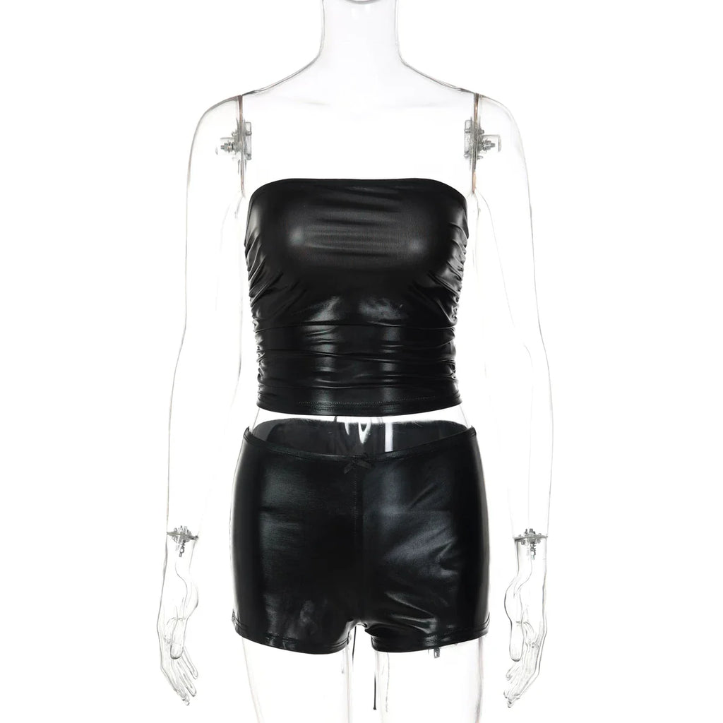 Lace-Up PU Leather Short Set