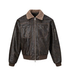 PU Leather Jacket with Lamb Wool Collar