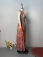 Bella Stretch Mesh Unique Print Bodysuit and High Rise Elastic Waist Maxi Skirt Set