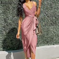 Starling Satin Wrap Midi Dress Peach