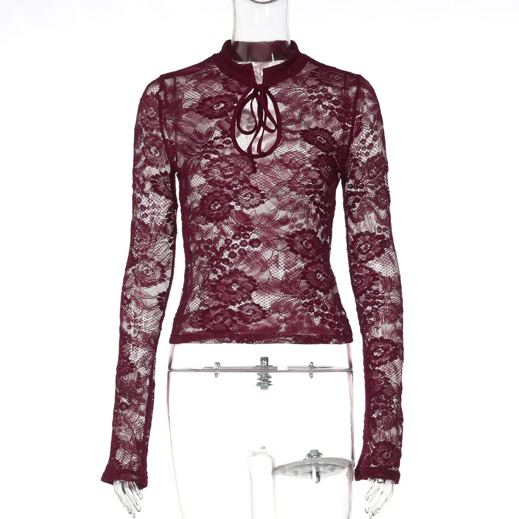Floral Lace Sheer Mock Neck Top