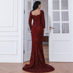 Fishtail Off Neck Long Sleeved Dress Mid Length Wedding Toast Dress Black Evening