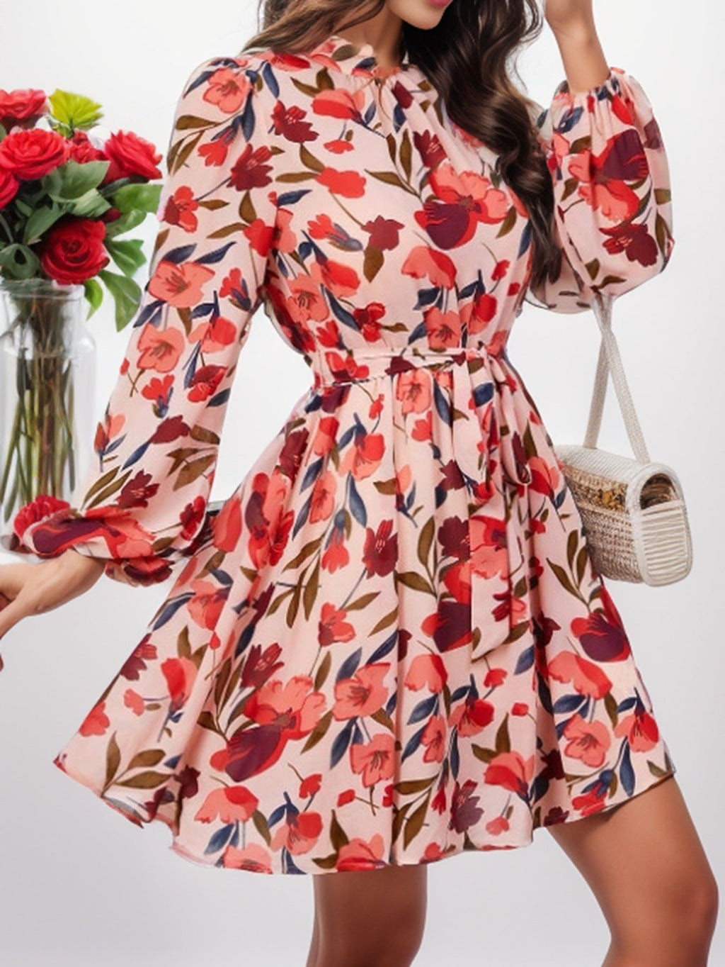 Nerea Timeless Women's Floral Print Dress with Waist Belt and Long Sleeves Evening Wear Edit