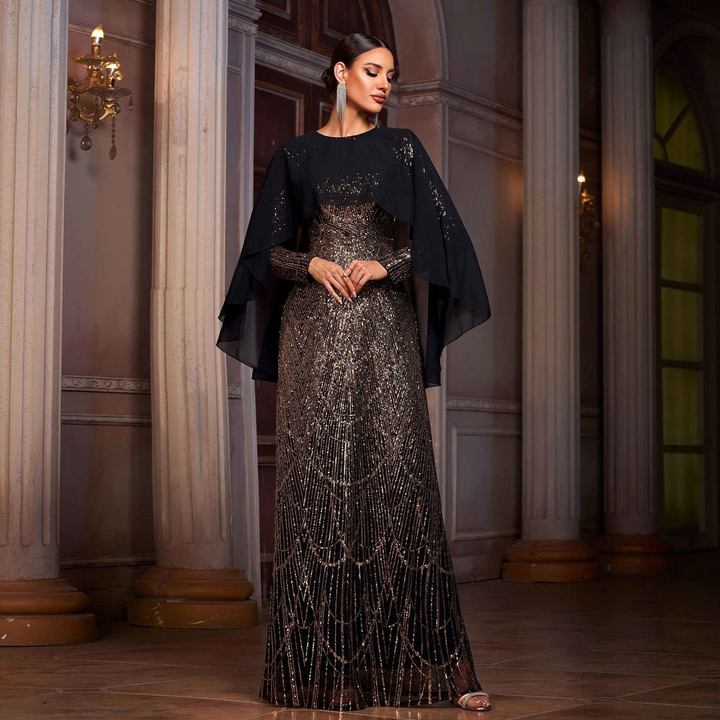 Long-sleeved round neck cape sequined evening dress