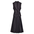 Double-Breasted Belted Vest And Dress Set