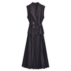Double-Breasted Belted Vest And Dress Set