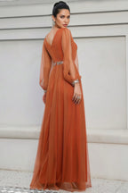 Kole Orange V-neck Mesh Slit Maxi Dress
