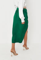 High Waist Irregular Solid Satin Slit Skirt