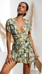 Deep V Neck Short Sleeve Printed Mini Dress