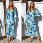Fresh Stylish Printed Waist Controlled Long Sleeve V neck Dress