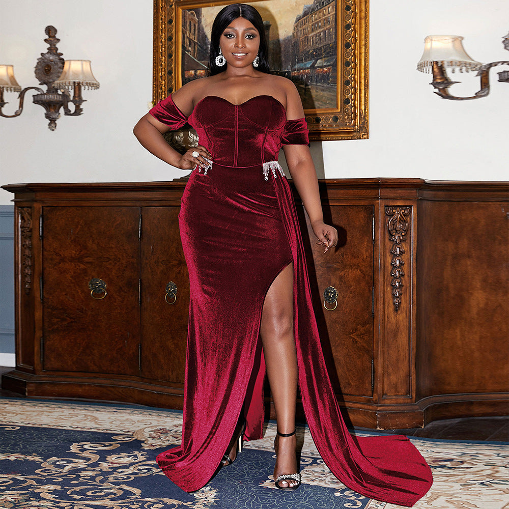 Plump Girls Plus Size Long Wedding off - eck Slimming Party Cocktail Light Luxury Evening Dress