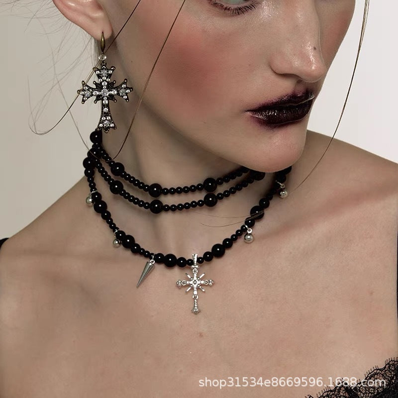 Dark Gothic Cross Beaded Multilayer Sweater Necklace