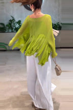 Romantic Journey Chiffon Ruffle Batwing Sleeve Top and Elastic Waist Pocket Loose Pants Set