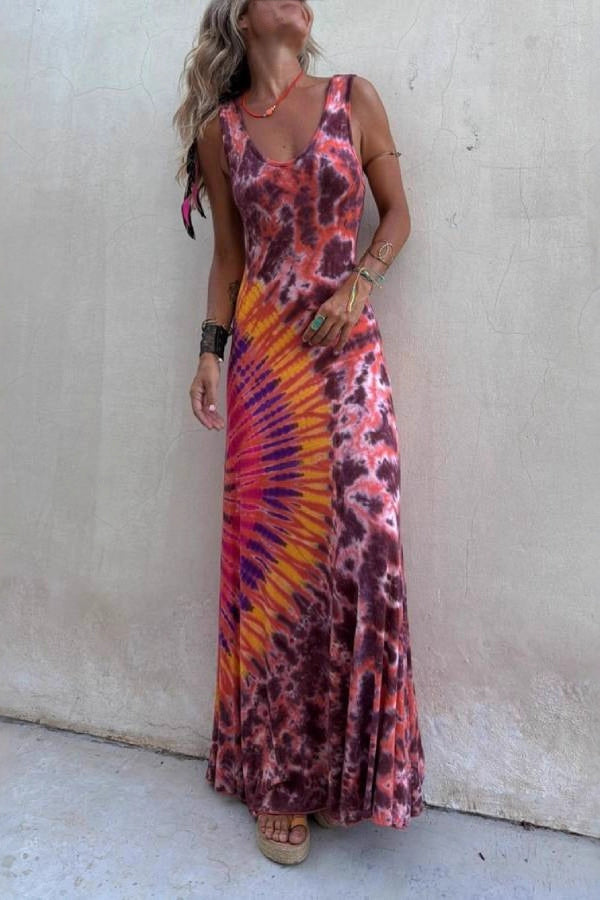 Boho Happiness Tie-dye Print Back Lace-up Stretch Maxi Dress