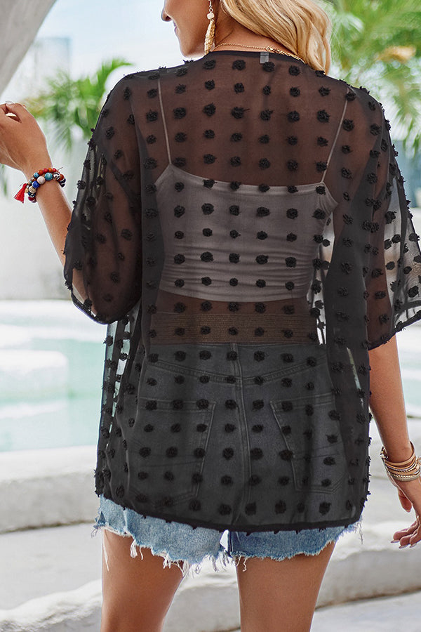 Casual See Through Patchwork Pom Pom Short Sleeved Cover Up