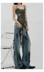 Vintage Distressed And Dirt-Dyed Patchwork Wide-Leg Jeans