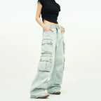 Light Wash Baggy Cargo Jeans with Multiple Flap Pockets
