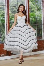 Irregular Asymmetric Tiered Dress Stitching Mesh Contrast Color Large Swing Mop Dress Drill Chain Beaded Boning Corset Tube Top Long Dress Organza