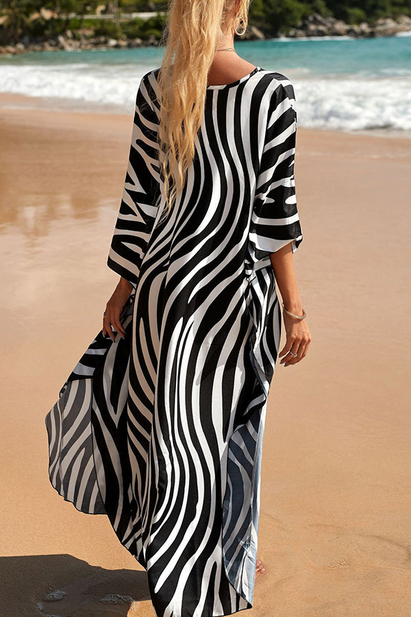 Simple Unique Printed Pleated Front Slit Cover Up
