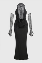 Lazze Black plunge Cowl Neck Maxi Dress